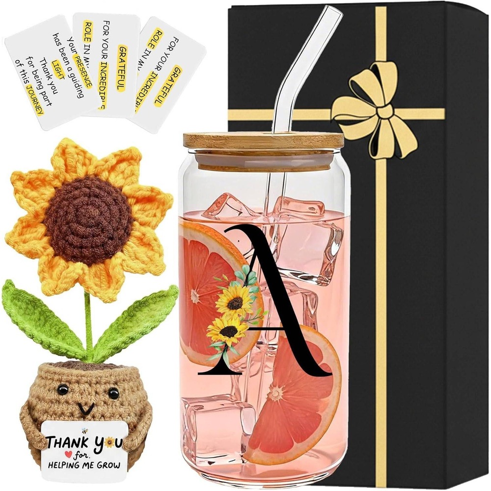 Sunflower Monogram M Glass Tumbler Crochet Flower Thank You Appreciation Gift